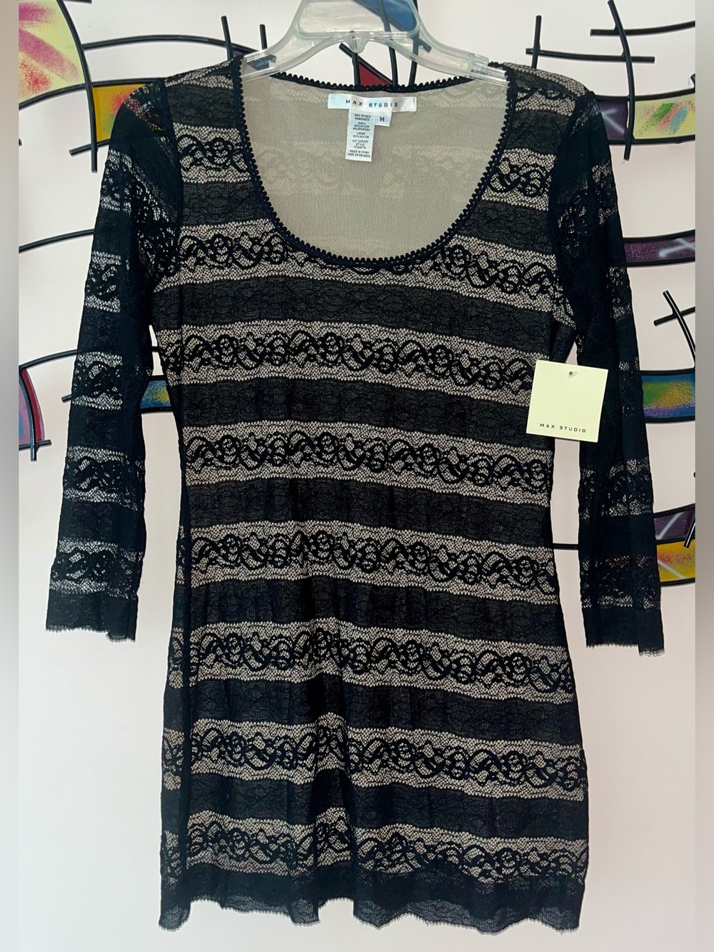 Max Studio Black Lace Overlay Blouse size M
